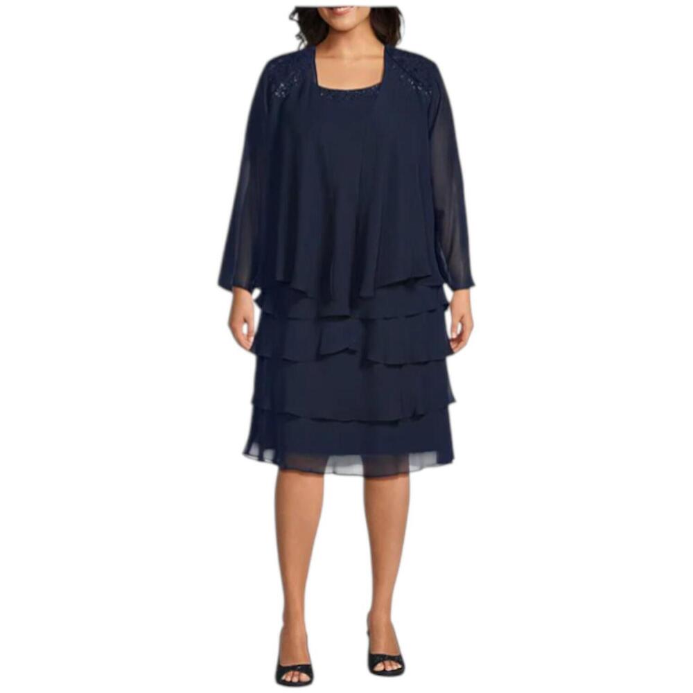SL Fashions New York Women's Beaded Lace Chiffon 2-Piece Dress Navy - Regular